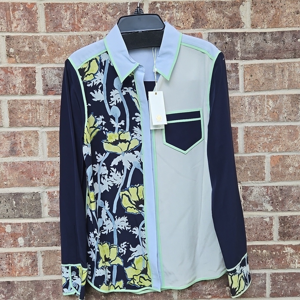Tory Burch Navy Poppies Bloom Silk Shirt - Picture 2 of 8
